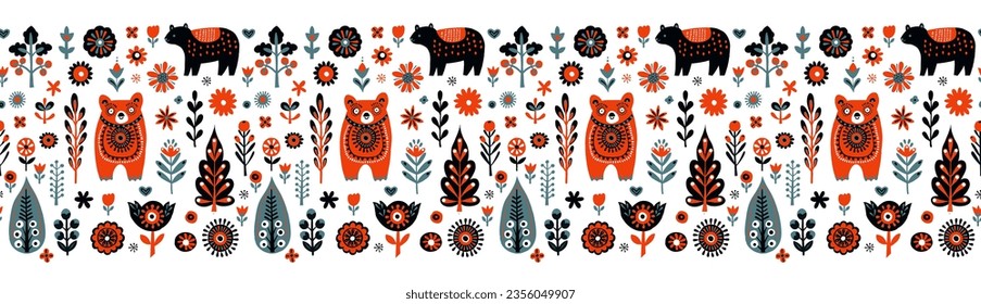 Simple Hand drawn floral minimalist Scandinavian seamless pattern with bears, christmas tree forest, flowers. Nordic design Nature-inspired trendy style background. Clean Whimsical vector illustration