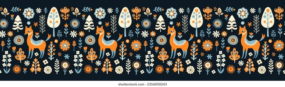 Simple Hand drawn floral minimalist Scandinavian seamless pattern with fox, forest. Nordic design Nature-inspired Scandinavian trendy style White background. Clean Whimsical vector illustration