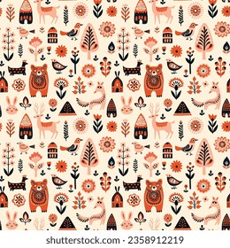 Simple Hand drawn floral minimalist Scandinavian seamless pattern forest animals cozy cottages. Nordic design Nature Scandinavian trendy style White background. Clean Whimsical vector illustration
