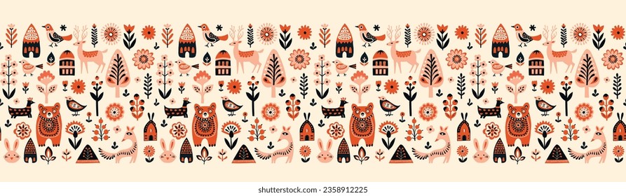 Simple Hand drawn floral minimalist Scandinavian seamless pattern forest animals cozy cottages. Nordic design Nature Scandinavian trendy style White background. Clean Whimsical vector illustration