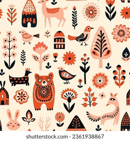 Simple Hand drawn floral minimalist Scandinavian seamless pattern forest animals cozy cottages. Nordic design Nature Scandinavian trendy style White background. Clean Whimsical vector illustration