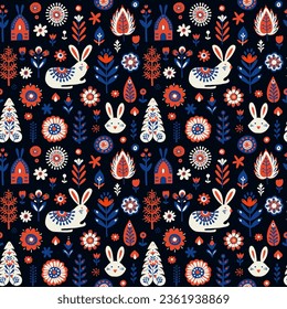 Simple Hand drawn floral minimalist Scandinavian seamless pattern with rabbit banny forest Nordic design Nature-inspired Scandinavian trendy style Black background. Clean Whimsical vector illustration