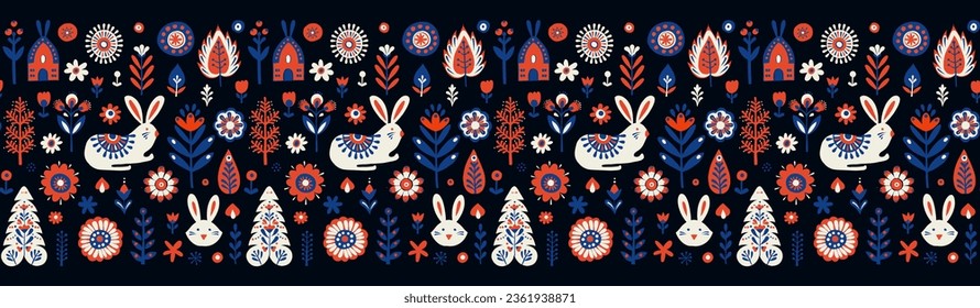 Simple Hand drawn floral minimalist Scandinavian seamless pattern with rabbit banny forest Nordic design Nature-inspired Scandinavian trendy style Black background. Clean Whimsical vector illustration