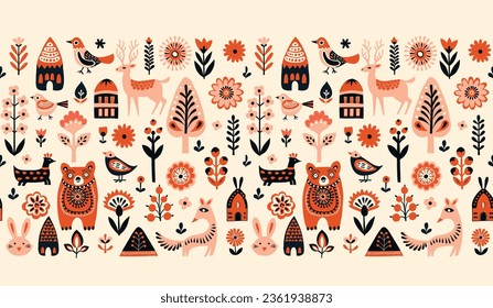 Simple Hand drawn floral minimalist Scandinavian seamless pattern forest animals cozy cottages. Nordic design Nature Scandinavian trendy style White background. Clean Whimsical vector illustration