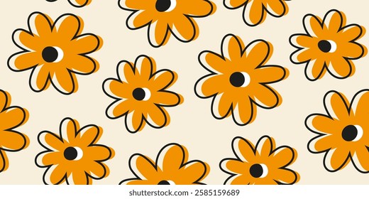 Simple hand drawn floral pattern with line stroke. Fun colorful flower doodle.