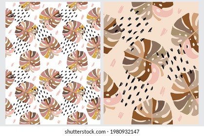 Simple Hand Drawn Floral Seamlees Vector Pattern. Tropical Leaves, Black and Blush Pink Spots. Monstera Leaves on a White and Light Blush Background. Abstract Tropical Print ideal for Fabric.