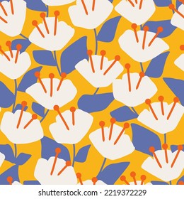 Simple hand drawn floral seamless vector pattern. Doodle white flowers on a yellow background. Scandinavian style abstract garden print perfect for fabric or stationery. 