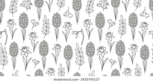 Simple dibujado a mano floral sin patrón. Contorno de jacinto de primavera, gotas de nieve y flores narcisas. Arte de la línea de la floración. Fondo botánico, papel digital, papel de embalaje. Blanco y negro.