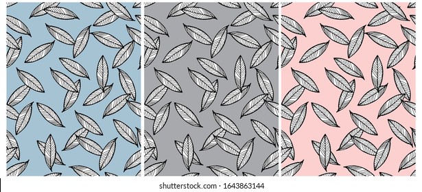 Simple Hand Drawn Floral Vector Patterns. Repeatable Design with Tree Leaves. Black and White Leaves Isolated on a Blue, Gray and Pink Background. Floral Print for Fabric, Textile, Wrapping Paper.