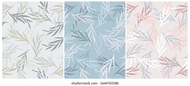 Sencillos Patrones De Vectores Florales Dibujados A Mano. Diseño reproducible en color pastel. Delicadas pelucas aisladas en un fondo azul, beige y gris. Impresión de jardín para papel de tela, textil, envolver.