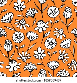 Simple vector floral dibujado a mano sin fisuras. Flores blancas con un fondo naranja brillante. Para imprimir en tela, productos textiles de cocina, decoración del hogar, ropa.