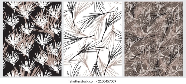 Simple Hand Drawn Floral Vector Patterns. Flowers Made of Scribbles Isolated on a Black, White and Brown Background. Infantile Style Abstract Garden Repeatable Print ideal for Fabric, Textile.