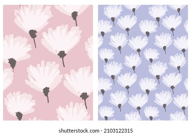 Patrones de vectores florales dibujados a mano simples. Flores hechas de guijarros aislados en un fondo rosado y violeta pastel. Estilo Infantil Abstract Garden Impresión repetible ideal para Tejido, Textil.