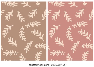 Simple Hand Drawn Floral Vector Patterns. Twigs Made of Scribbles Isolated on a Blush Pink and Light Brown Background. Infantile Style Abstract Garden Repeatable Print ideal for Fabric, Textile.