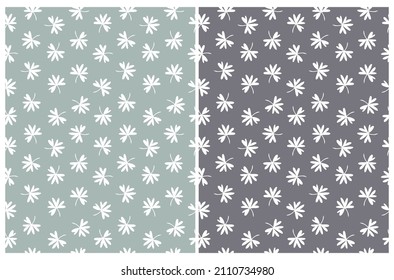 Simple Hand Drawn Floral Vector Patterns. White Clovers Isolated on a Mint Green and Dark Dusty Blue Background. Infantile Style Abstract Garden Repeatable Print ideal for Fabric, Textile.
