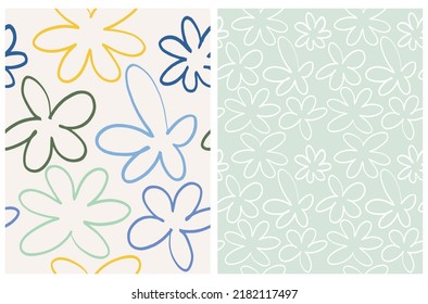 Simple Hand Drawn Floral Vector Patterns. Yellow and Blue Irregular Shape Flowers on a Light Mint Blue and  Off-White Background. Abstract Garden Print. Modern Seamless Pattern with Outline Flowers.