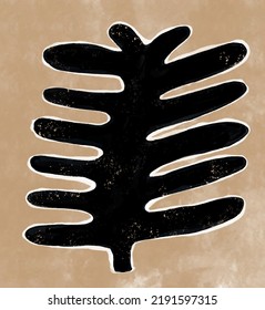 Ilustración de vectores florales dibujados a mano simple con hoja abstracta negra en un marco blanco delgado sobre un fondo marrón claro. Arte Moderno sencillo ideal para el arte de la pared, afiche. Impresión de Boho minimalista.