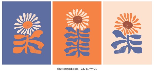 Simple Hand Drawn Floral Vector Illustrations. Boho Style Print with Abstract Sunflowers on a Galaxy Blue, Ivory and Exuberance Orange Background. Decorative Botanic Graphic ideal for Wall Art, Card.