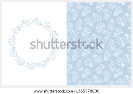 Simple Hand Drawn Floral Vector Card and Seamless Pattern. Tree Branches Isolated on a White and Light Blue Background. Infantile Style Floral Repeatable Vector Print with Wreath Made of Blue Twigs.