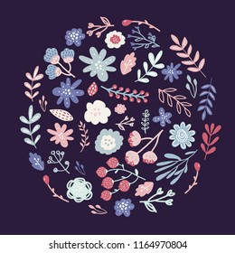 Simple hand drawn Flower circle on dark background. Vector illustration decorative elements template for banners, posters, labels,t-shirt design. 