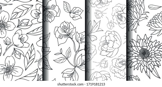Simple hand drawn flower collection. 4 flower seamless patterns on withe background. Summer, spring and gardening concept. Jasmine, acacia, aster, peon. Coloring book, wrapping paper, textile print. 