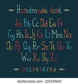 Simple hand drawn font. Complete abc alphabet set. Vector letters and numbers. Doodle typographic symbols.