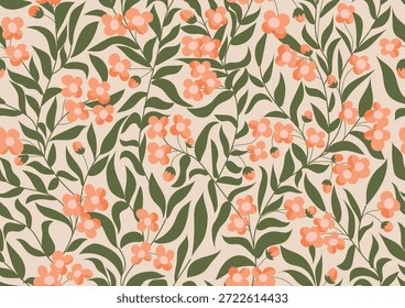 Simple hand drawn forest of mockorange flowers, buds and leaves as a maximalist floral pattern in colors of orange, cream and green on beige. Botanical garden seamless vector pattern. Great for home decor, fabric, wallpaper, gift wrap, stationery, packaging design projects.