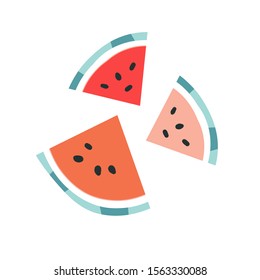 Simple hand drawn fruit icon, doodle vector illustration of red watermelon slices with seeds isolated on white.