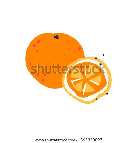 Simple hand drawn fruit icon, doodle vector illustration of juicy orange with slice isolated on white.