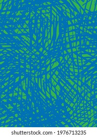 Simple Hand Drawn Geometric Seamless Vector Patterns. Blue Irregular Stripes and Grid on a Green Background. Cute Messy Striped Print ideal for Fabric, Textile. 