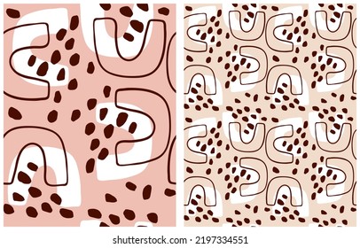Patrones de vectores Geométricos sin soldadura simples a mano. Círculos, arcos y puntos en un fondo rosa y beige negro. Resumen de la impresión de fuegos artificiales. Patrón sin soldadura Doodle ideal para tejidos, textiles.