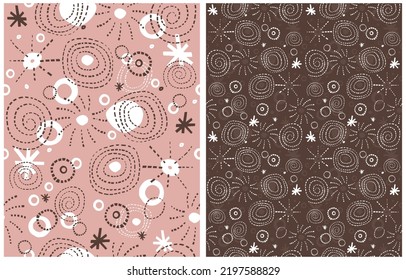 Simple Hand Drawn Geometric Seamless Vector Patterns.White Circle,Swirls and Stars on a Blush Pink and Dark Brown Background. Abstract Fireworks Print.Doodle Seamless Pattern ideal for Fabric,Textile.