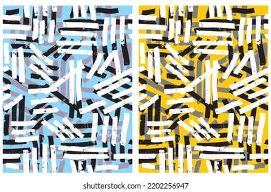 Patrones de vectores Geométricos sin soldadura simples de mano.Rayas negras, blancas y grises sobre un fondo amarillo y azul claro.Impresión de garabatos irregulares muy agradable para tela, textil, papel de envolvimiento.