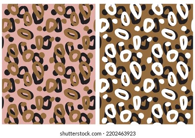 Simple Hand Drawn Geometric Seamless Vector Patterns.Black, White and Brown Circles and Dots on a Blush Pink and Brown Background.Abstract Irregular Doodle Print ideal for Fabric, Textile.Cool Design.