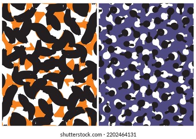 Simple Hand Drawn Geometric Seamless Vector Patterns. Black and White Brush Stains and Dots with Lines on a Violet and Orange Background.Cool Abstract Irregular Doodle Print ideal for Fabric, Textile.