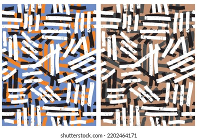 Einfache, handgezeichnete geometrische Muster nahtloser Vektormuster.Schwarze, weiße, graue und orangefarbene Streifen auf braunem und blauem Hintergrund.Cool Abstrakte unregelmäßige Doodle Drucken ideal für Stoffe, Textilien, Schleifpapier.