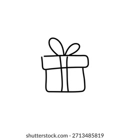 Simple hand drawn gift box doodle illustration with ribbon, cute minimalist present design for birthday and festive use
