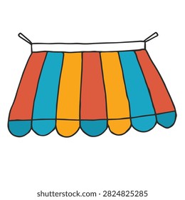 A simple hand drawn graphic of a striped canopy or awning featuring red orange and teal stripes with a scalloped bottom edge and ties at the top corners.