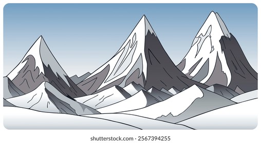 Simple hand drawn graphic vector illustration of abstract snowy mountain landscape with snowbound foothills and sharp triangular snowcapped mount peaks. Cartoon sketch concept of winter nature scenery