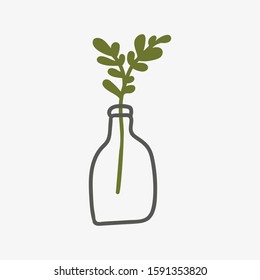 Simple hand drawn green branch in a glass bottle