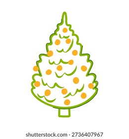 Simple hand drawn green outline christmas tree with orange baubles on white background, minimal doodle style holiday icon expressing festive, joyful winter celebration and decoration
