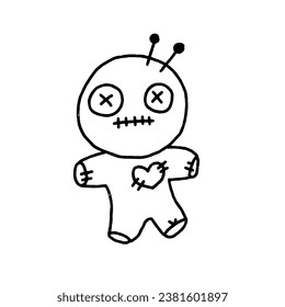 Simple hand drawn halloween cute voodoo rag doll girl black outline vector design isolated on white background