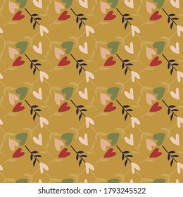Simple hand drawn heart branches seamless pattern. Doodle print with ocher background and pink, red and green love silhouettes. Print for wallpaper, textile, wrapping, fabric print. Vector
