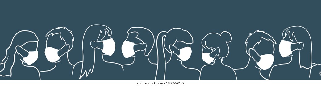 Simple hand drawn horizontal seamless pattern with crowded people wearing masks to protect them - vector design