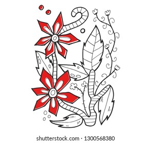 Simple hand drawn illustartion of flowers, free hand florals with red flowers, vector illustration