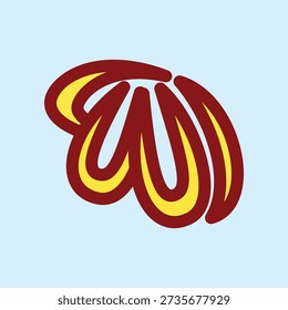 A simple hand drawn illustration of an abstract seashell in red and yellow tones on a light blue background. Ideal for summer stickers, nautical branding, and minimalist beach themed decor.