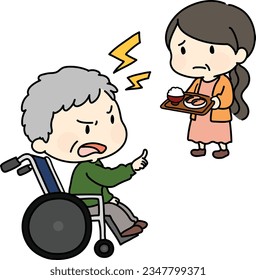 Simple hand drawn illustration of an angry man in wheel chair and a sad female caretaker