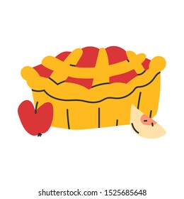 Simple hand drawn illustration of apple tart cake, autumn seasonal homemade dessert. Vector doodle icon in modern trendy flat cartoon style.