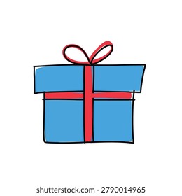 A simple hand drawn illustration of a blue gift box wrapped with a red ribbon and a bow on top isolated on a white background