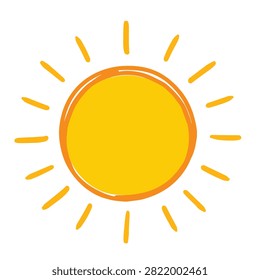 A simple hand drawn illustration of a bright yellow sun with orange outline and radiating sunbeams in a playful doodle sketch style